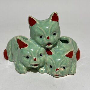 Vtg Morton Stoneware Pottery Illinois Green Cat Kittens Trio Succulent Planter